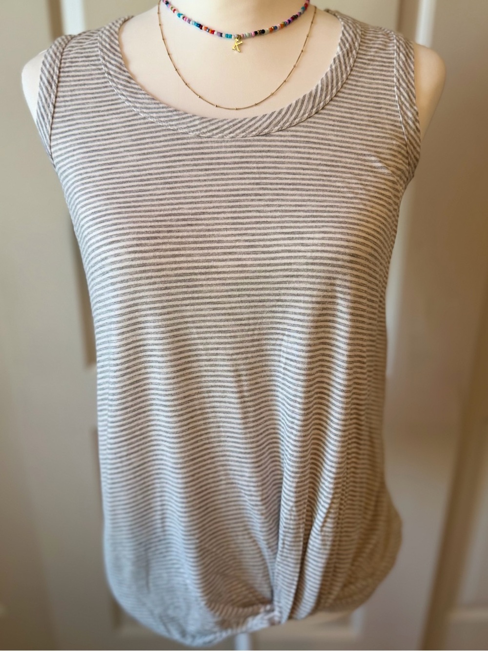 nine britton Beige and White Striped Tank with Front Knot